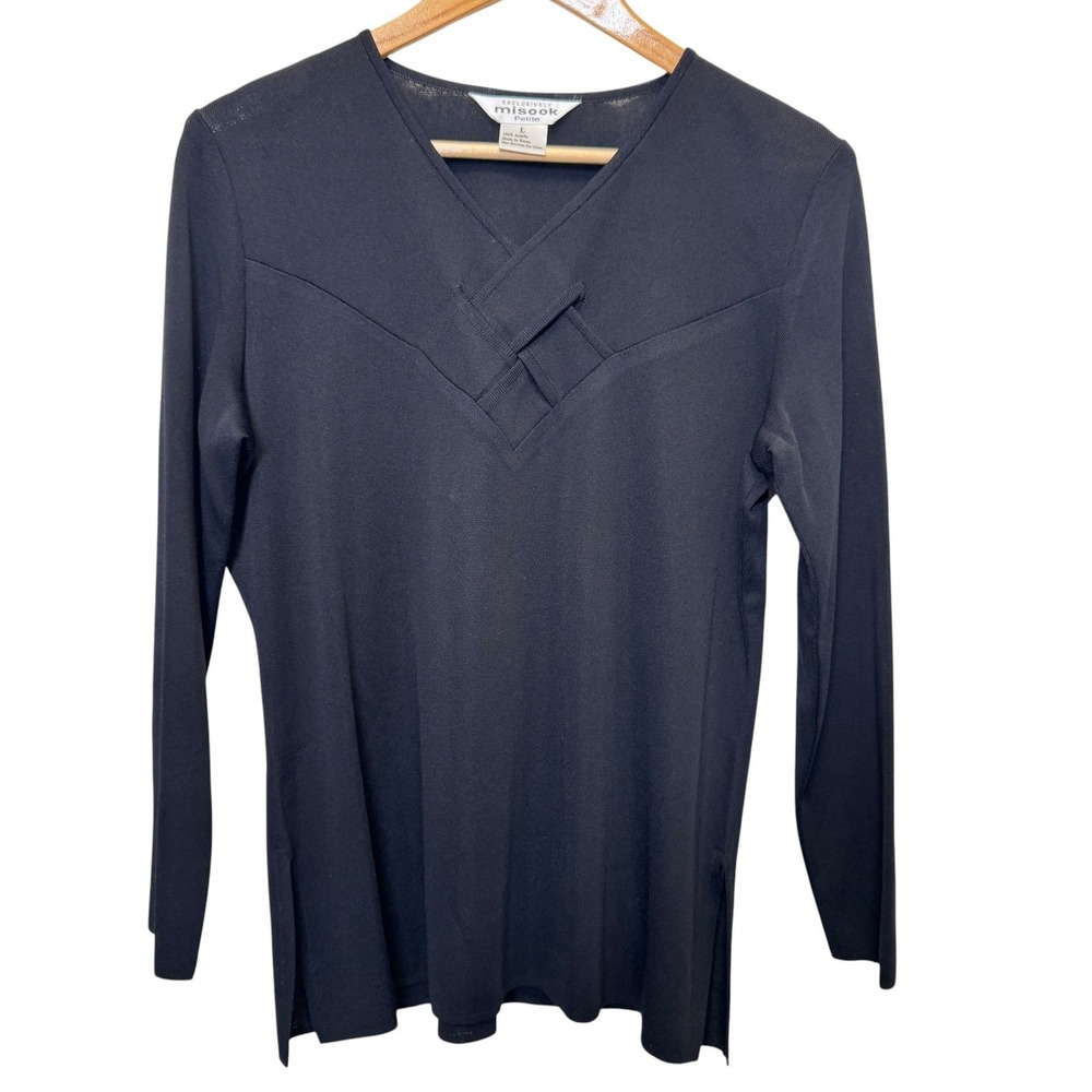Vintage Misook Womens Knit Top L Black V-Neck Lattice Detail Minimalist Office